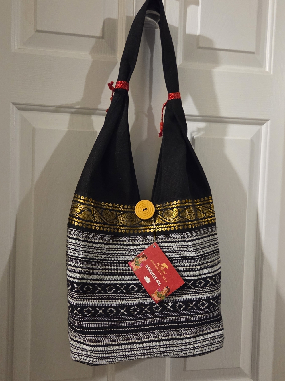 Black & Gold Patterned Shoulder Bag with Yellow Accent